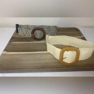 Afrohemian Woven Stretch Belts Faux Rattan Buckle Casual Set of 2